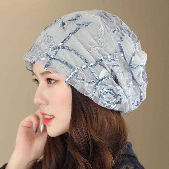 Women Summer Lace and Cotton Breathable Beanie Cap Vintage Earmuffs Flexible Turban Hat