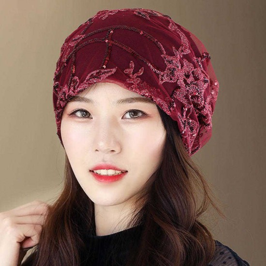 Women Summer Lace and Cotton Breathable Beanie Cap Vintage Earmuffs Flexible Turban Hat