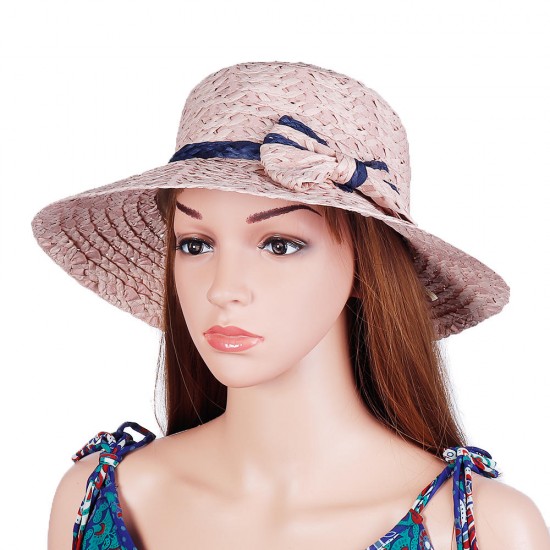 Women Summer Outdoor Bow Wide Brim Straw Hat Breathable Sunshade Beach Hat