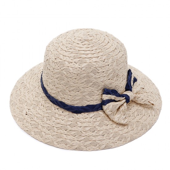 Women Summer Outdoor Bow Wide Brim Straw Hat Breathable Sunshade Beach Hat