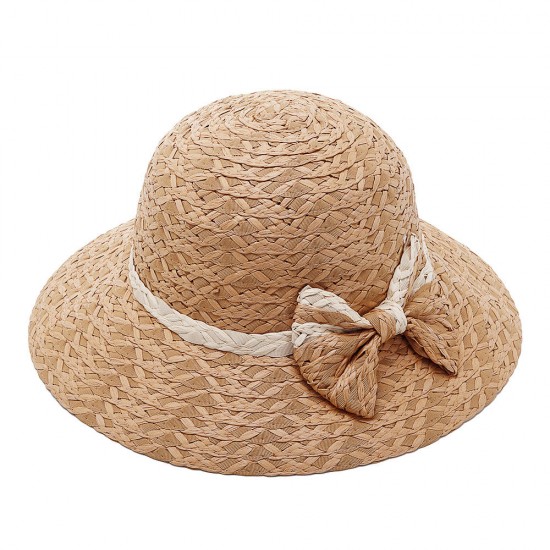 Women Summer Outdoor Bow Wide Brim Straw Hat Breathable Sunshade Beach Hat