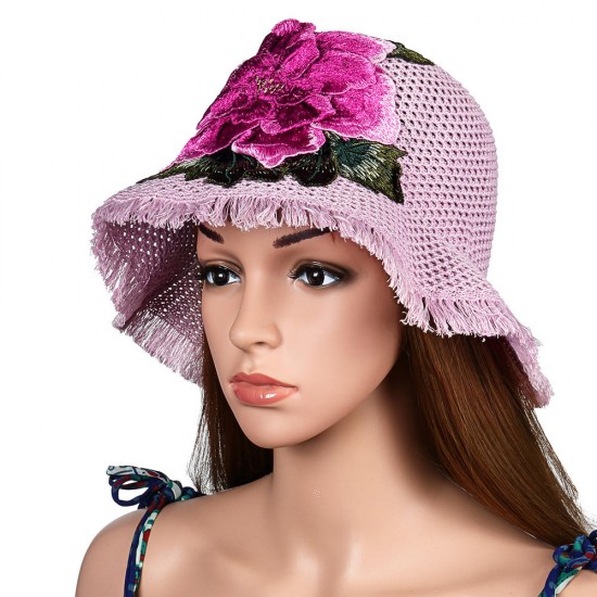 Women Summer Outdoor Breathable Embroidered Flower Wide Brim Hat Tassel Visor Hat