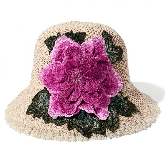 Women Summer Outdoor Breathable Embroidered Flower Wide Brim Hat Tassel Visor Hat