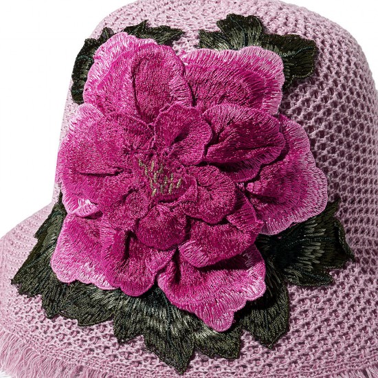 Women Summer Outdoor Breathable Embroidered Flower Wide Brim Hat Tassel Visor Hat