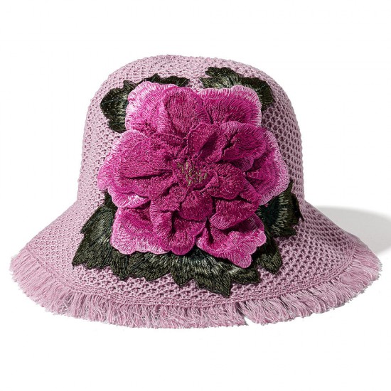 Women Summer Outdoor Breathable Embroidered Flower Wide Brim Hat Tassel Visor Hat