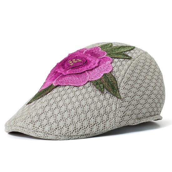 Women Summer Outdoor Embroidered Flowers Beret Hat Sunshade Riding Visor Cap