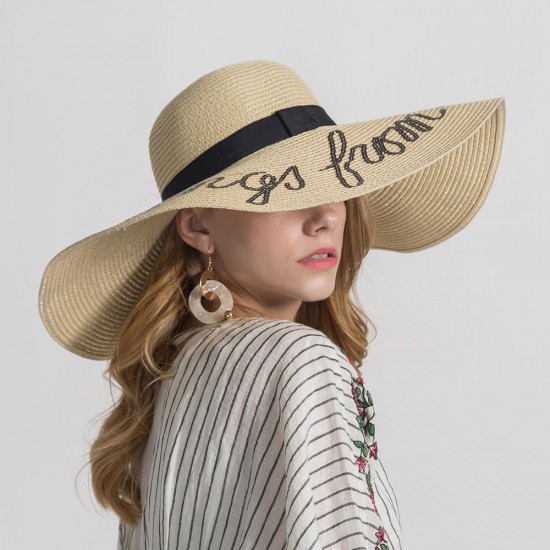 Women Summer Outdoor Embroidered Wide Brim Big Hats Travel Beach Sunshade Straw Hat