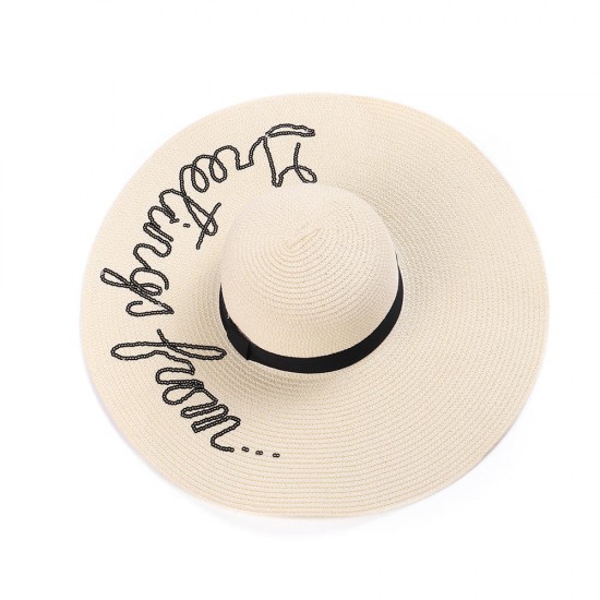 Women Summer Outdoor Embroidered Wide Brim Big Hats Travel Beach Sunshade Straw Hat