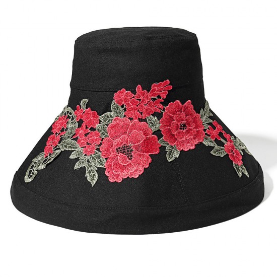 Women Summer Outdoor Embroidery Flower Wide Brim Hat Casual Sunshade Visor Hat