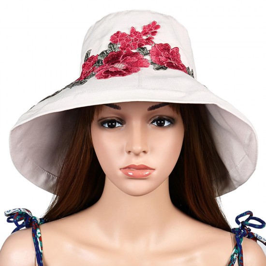 Women Summer Outdoor Embroidery Flower Wide Brim Hat Casual Sunshade Visor Hat