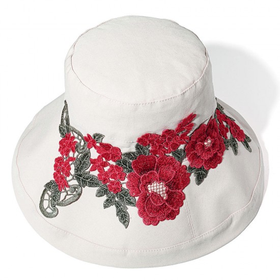 Women Summer Outdoor Embroidery Flower Wide Brim Hat Casual Sunshade Visor Hat