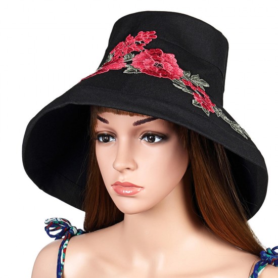 Women Summer Outdoor Embroidery Flower Wide Brim Hat Casual Sunshade Visor Hat