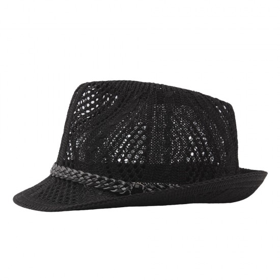 Women Summer Outdoor Mesh Breathable Jazz Hat Leather Belt Crimping Panama Hat