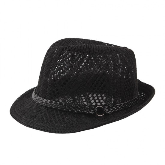 Women Summer Outdoor Mesh Breathable Jazz Hat Leather Belt Crimping Panama Hat