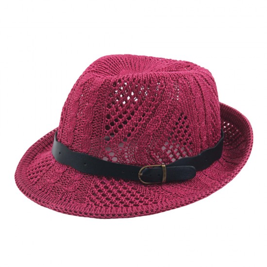 Women Summer Outdoor Mesh Breathable Jazz Hat Leather Belt Crimping Panama Hat