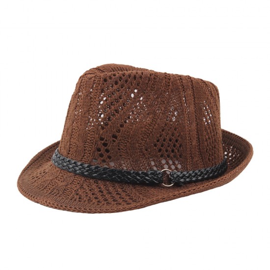 Women Summer Outdoor Mesh Breathable Jazz Hat Leather Belt Crimping Panama Hat