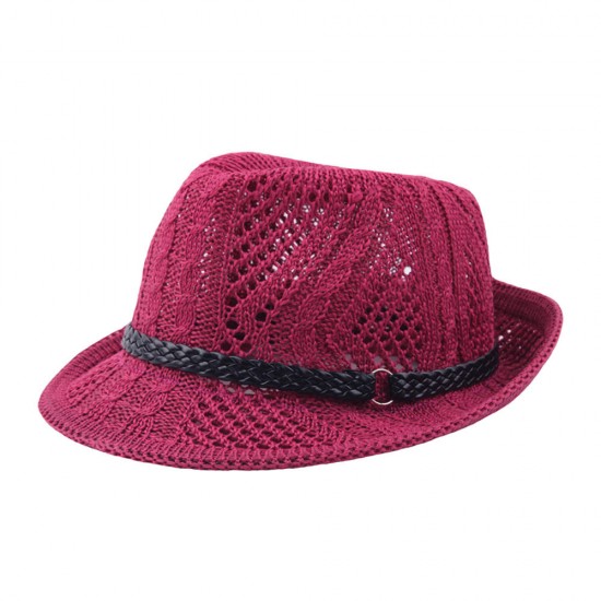 Women Summer Outdoor Mesh Breathable Jazz Hat Leather Belt Crimping Panama Hat