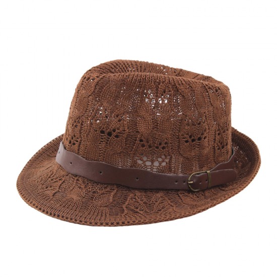 Women Summer Outdoor Mesh Breathable Jazz Hat Leather Belt Crimping Panama Hat