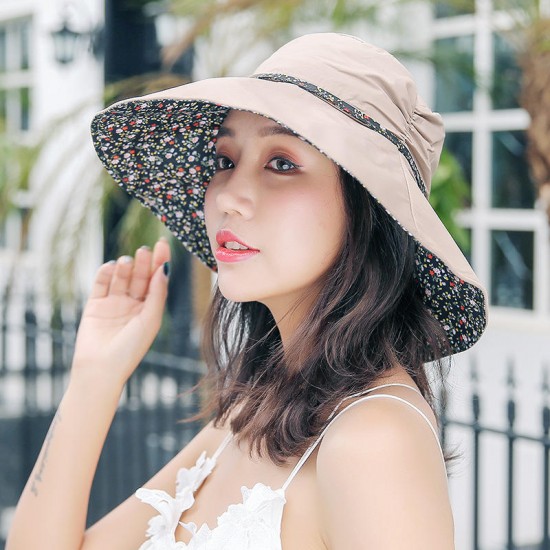 Women Summer Outdoor Wide Brim Breathable Foldable Visor Hat Floral Cotton Beach Sunshade Hat