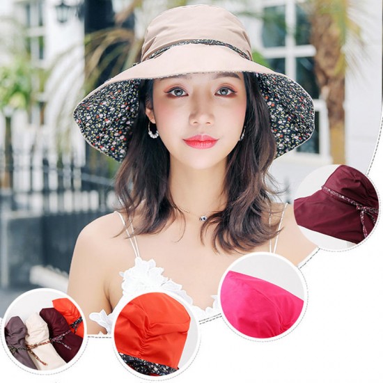 Women Summer Outdoor Wide Brim Breathable Foldable Visor Hat Floral Cotton Beach Sunshade Hat