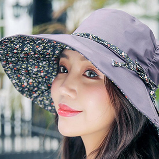 Women Summer Outdoor Wide Brim Breathable Foldable Visor Hat Floral Cotton Beach Sunshade Hat