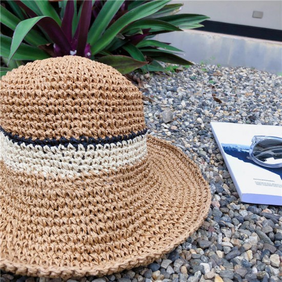 Women Summer Outdoor Wide Brim Straw Hat Adjustable Foldable Sunscreen Hat