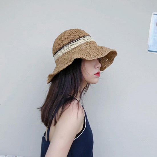 Women Summer Outdoor Wide Brim Straw Hat Adjustable Foldable Sunscreen Hat