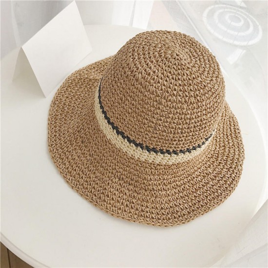 Women Summer Outdoor Wide Brim Straw Hat Adjustable Foldable Sunscreen Hat