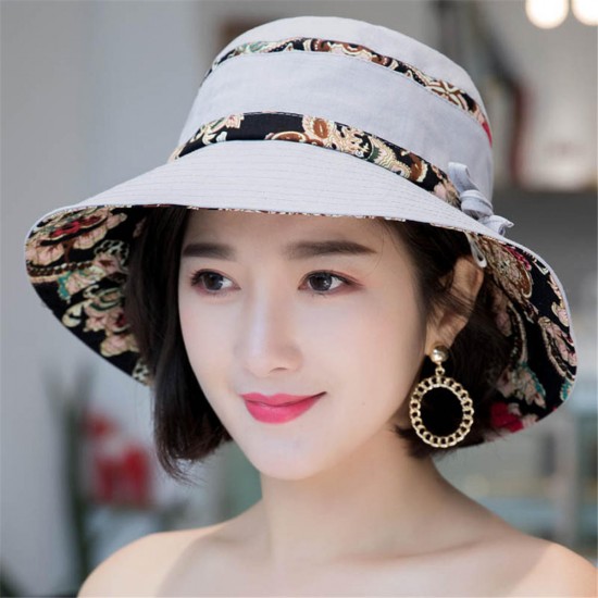 Women Summer Printed Cotton Fisherman Hat Foldable Sunshade Wide Brim Bucket Hat