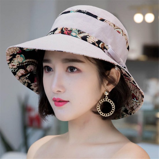 Women Summer Printed Cotton Fisherman Hat Foldable Sunshade Wide Brim Bucket Hat