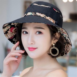 Women Summer Printed Cotton Fisherman Hat Foldable Sunshade Wide Brim Bucket Hat