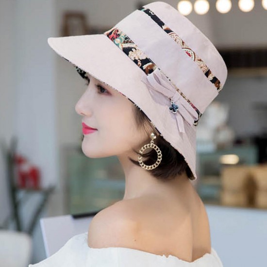 Women Summer Printed Cotton Fisherman Hat Foldable Sunshade Wide Brim Bucket Hat