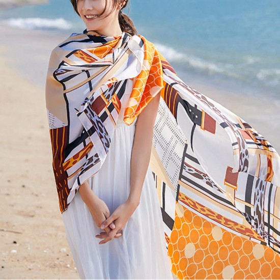 Women Summer Satin Sunscreen Beach Shawl Scarves Long Oversized Printing Scarf