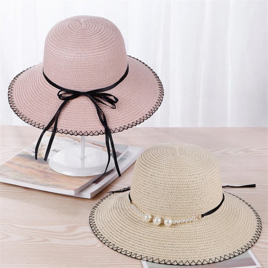 Women Summer Straw Wide Brim Bucket Hat Casual Sunscreen Visor Beach Sun Hats Panama Hat