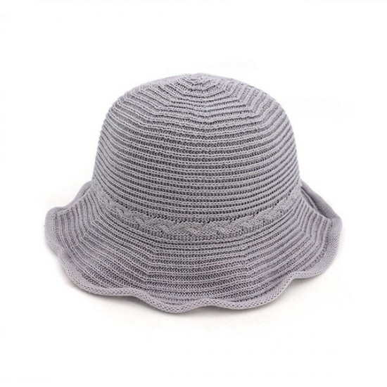 Women Summer Stripe Hollow Out Breathable Bucket Caps Folding Weave Sunshade Beach Hats