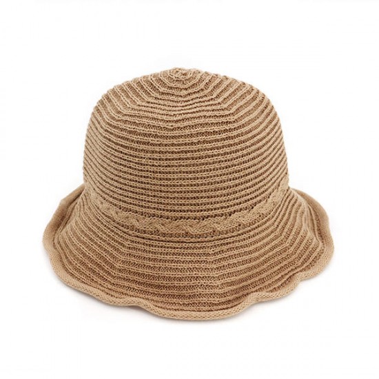 Women Summer Stripe Hollow Out Breathable Bucket Caps Folding Weave Sunshade Beach Hats