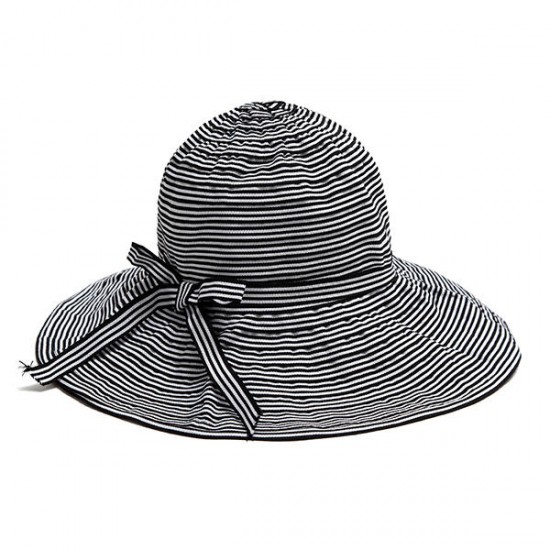 Women Summer Stripe Wide Brim Bucket Hat Casual Foldable Anti-UV Visor Beach Hat