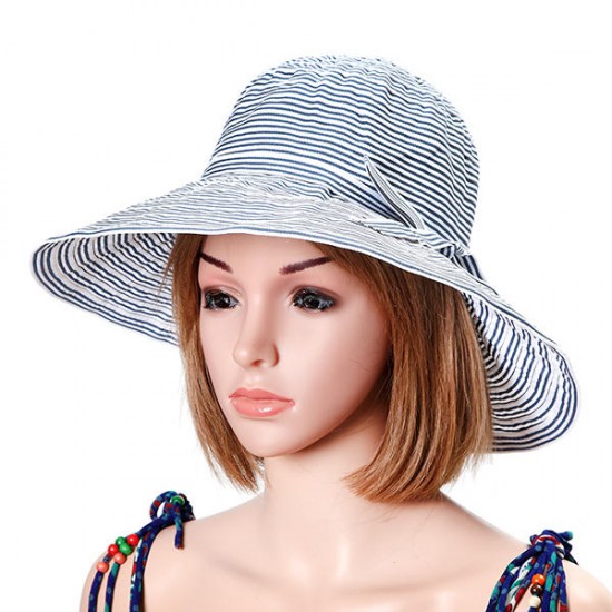 Women Summer Stripe Wide Brim Bucket Hat Casual Foldable Anti-UV Visor Beach Hat