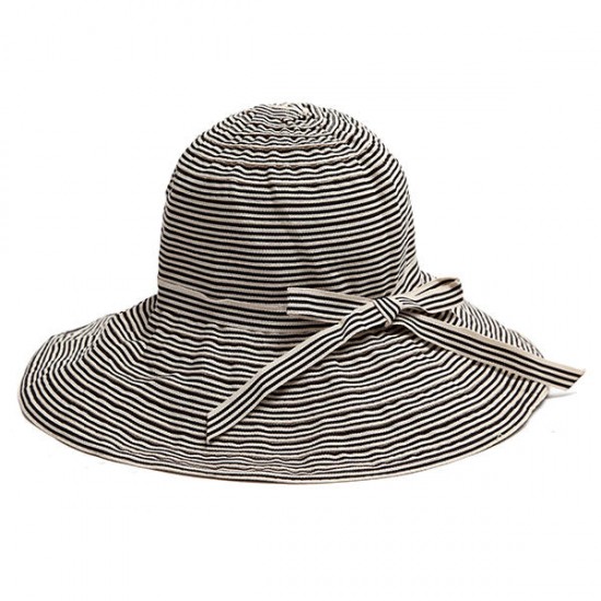 Women Summer Stripe Wide Brim Bucket Hat Casual Foldable Anti-UV Visor Beach Hat