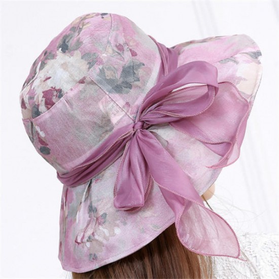 Women Summer Sun Hat Flowers Inkjet Wide Brim Floppy Bucket Hat Beach Travel Visor Hat