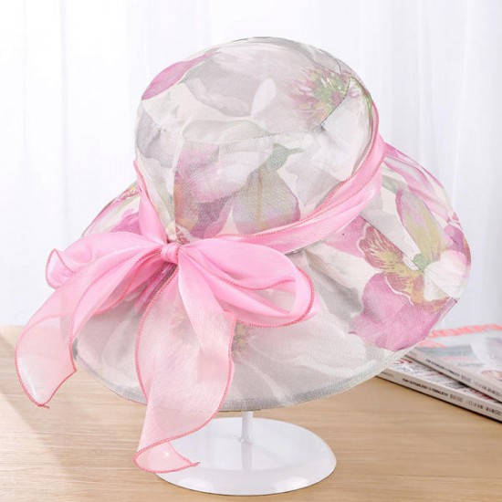 Women Summer Sun Hat Flowers Inkjet Wide Brim Floppy Bucket Hat Beach Travel Visor Hat