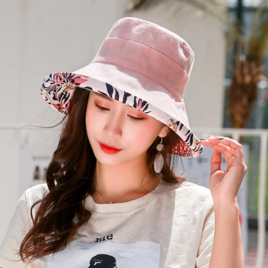 Women Summer Sun Protection Wide Brimmed Bucket Hat Outdoor Printting Fishing Cap Visor