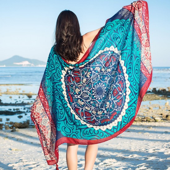 Women Summer Sunshade Silk Beach Scarf Multi-function Plus Size Shawl Swimsuit Cover Up Vacation