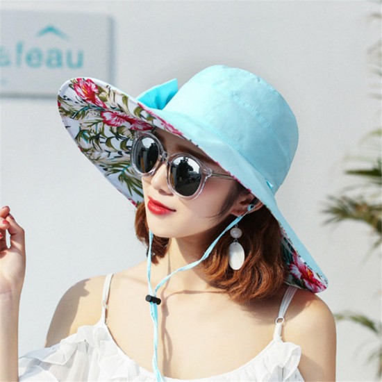 Women Summer Travel Wide Brim Visor Hat UV Protection Printing Sunshade Hat