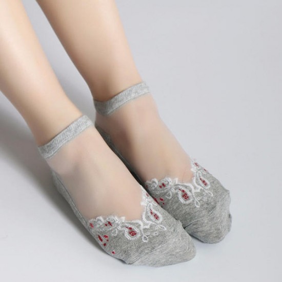 Women Summer Ultra Thin Breathable Socks Jacquard Crystal Silk Ankle Socks