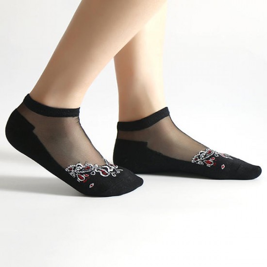 Women Summer Ultra Thin Breathable Socks Jacquard Crystal Silk Ankle Socks