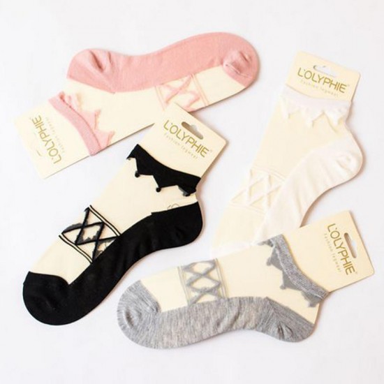 Women Summer Ultra-Thin Mesh Breathable Lace Low Cut Sock Crystal Boat Socks