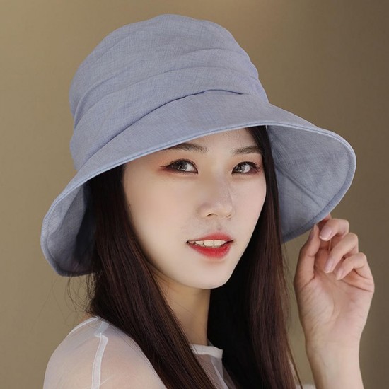 Women Summer Vintage Polyester UV Protection Bucket Cap Outdoor Large Brim Sun Fisherman Hat