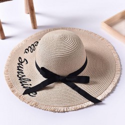 Women Summer Wide Brim Beach Straw Hat Outdoor Embroidery Letter Sunscreen Hat