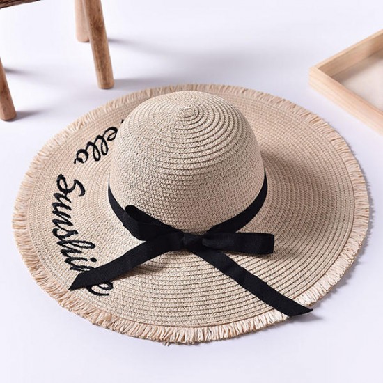 Women Summer Wide Brim Beach Straw Hat Outdoor Embroidery Letter Sunscreen Hat